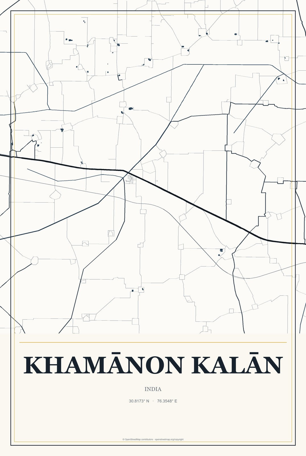 Khamānon Kalān, India City Map Aluminum Sign in Citrine Modern style