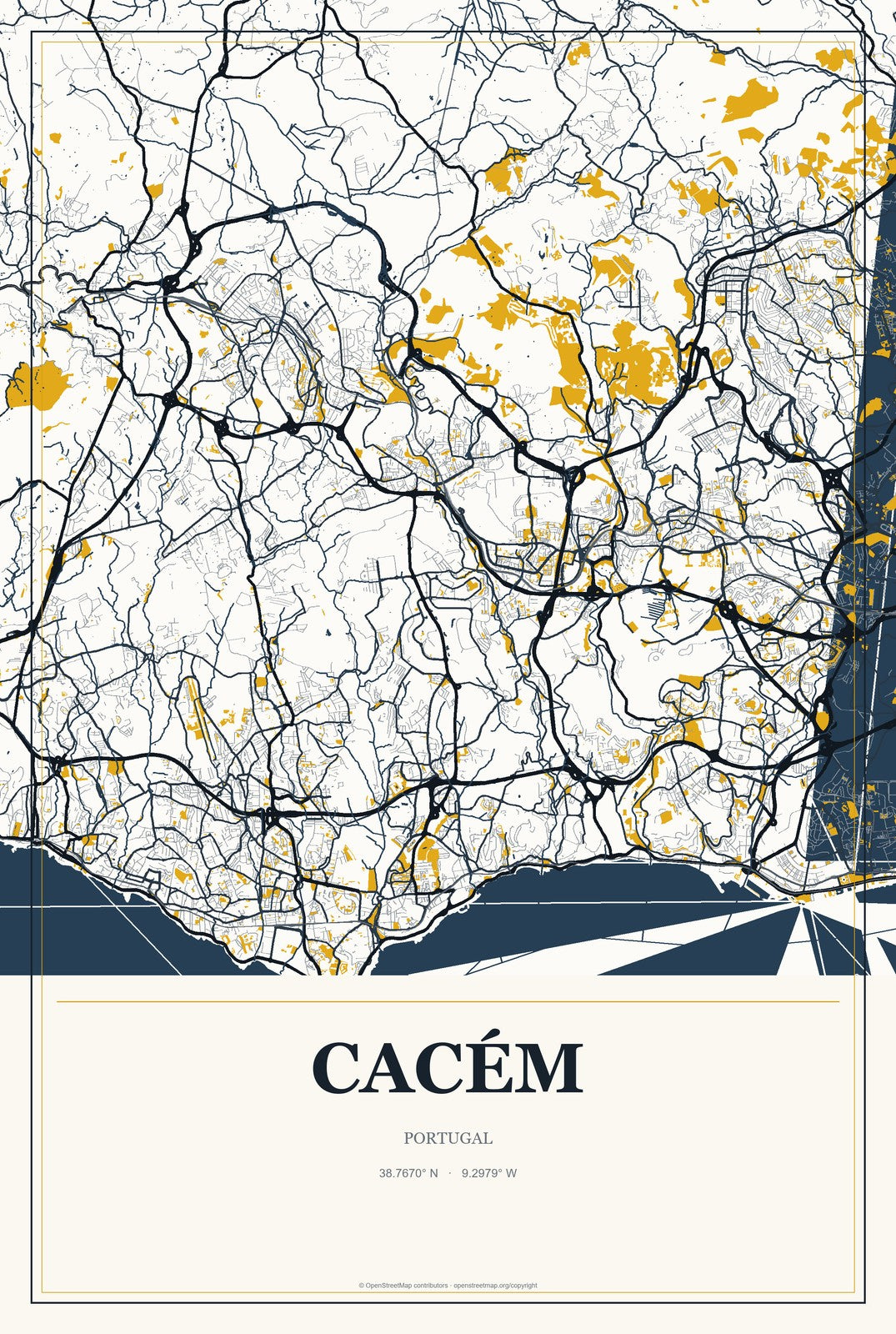 Cacém, Portugal City Map Aluminum Sign in Citrine Modern style