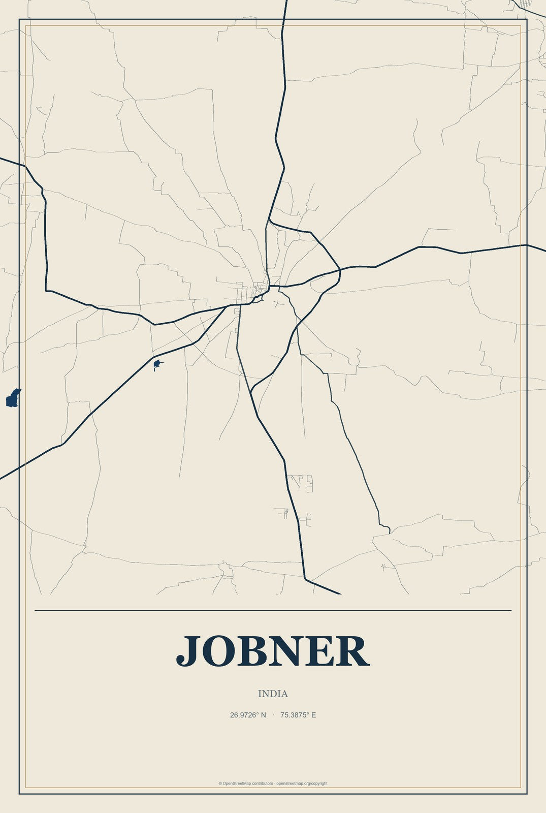 Jobner, India City Map Aluminum Sign in Coastal Cutout style