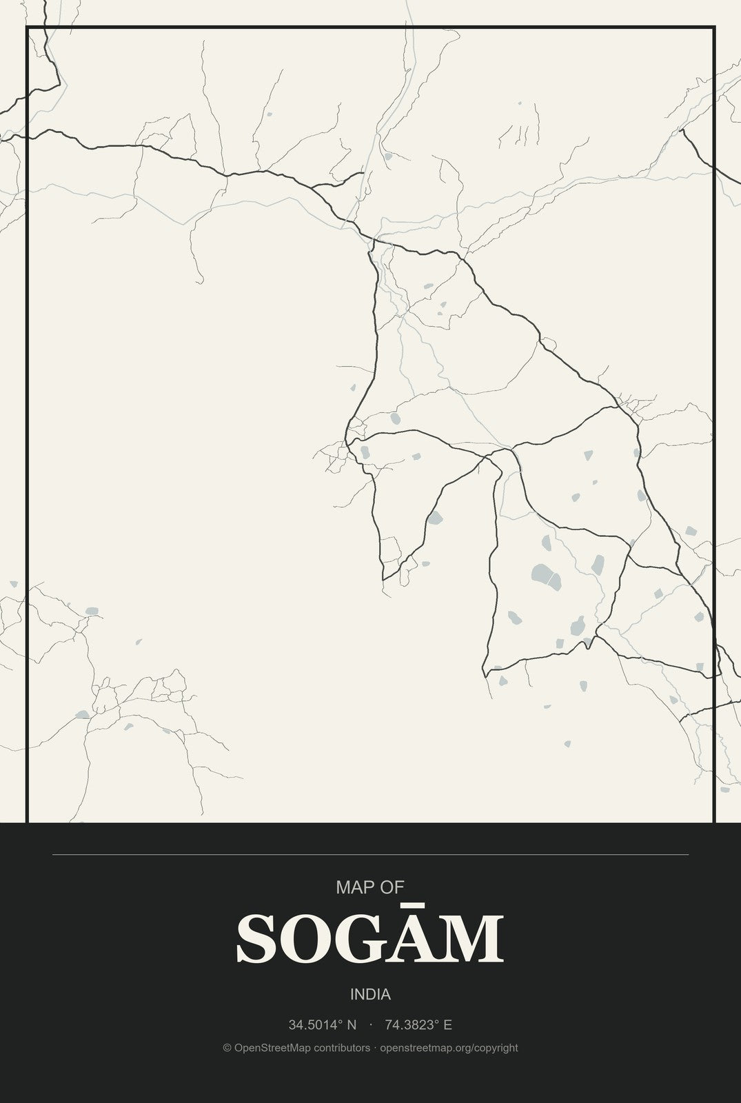 Sogām, India City Map Aluminum Sign in Museum Plaque style