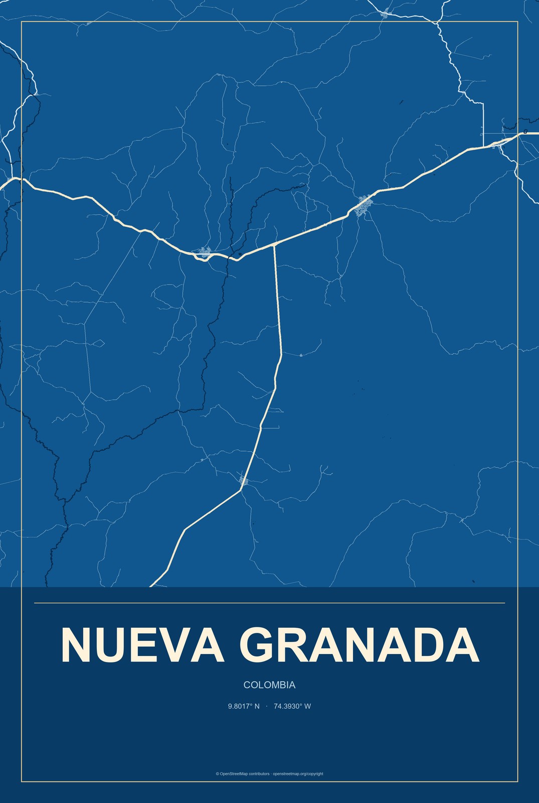 Nueva Granada, Colombia City Map Aluminum Sign in Harbor Cobalt style