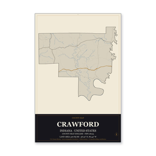 Crawford County, Indiana Map Aluminum Sign in Museum Plaque style