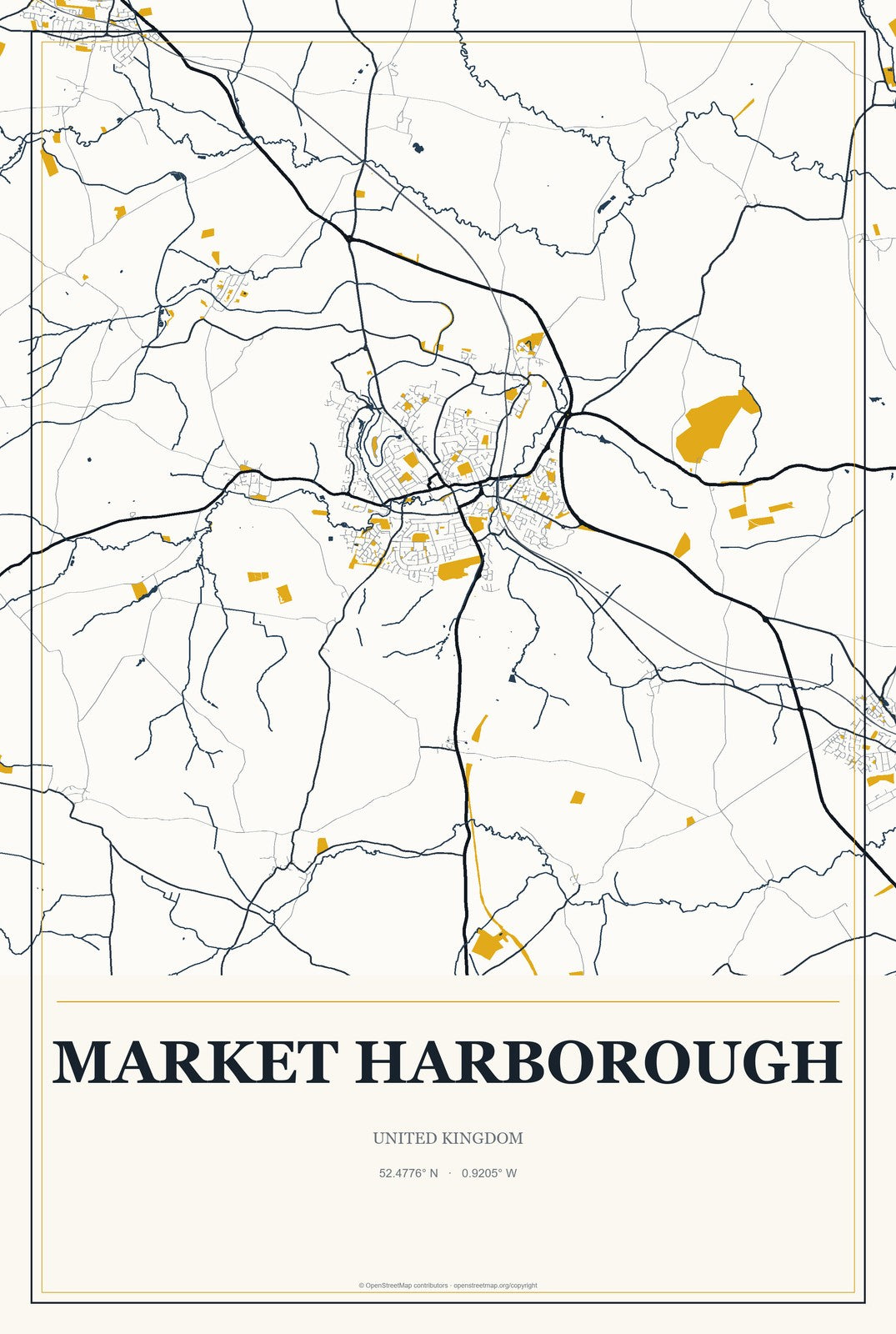 Market Harborough, United Kingdom City Map Aluminum Sign in Citrine Modern style