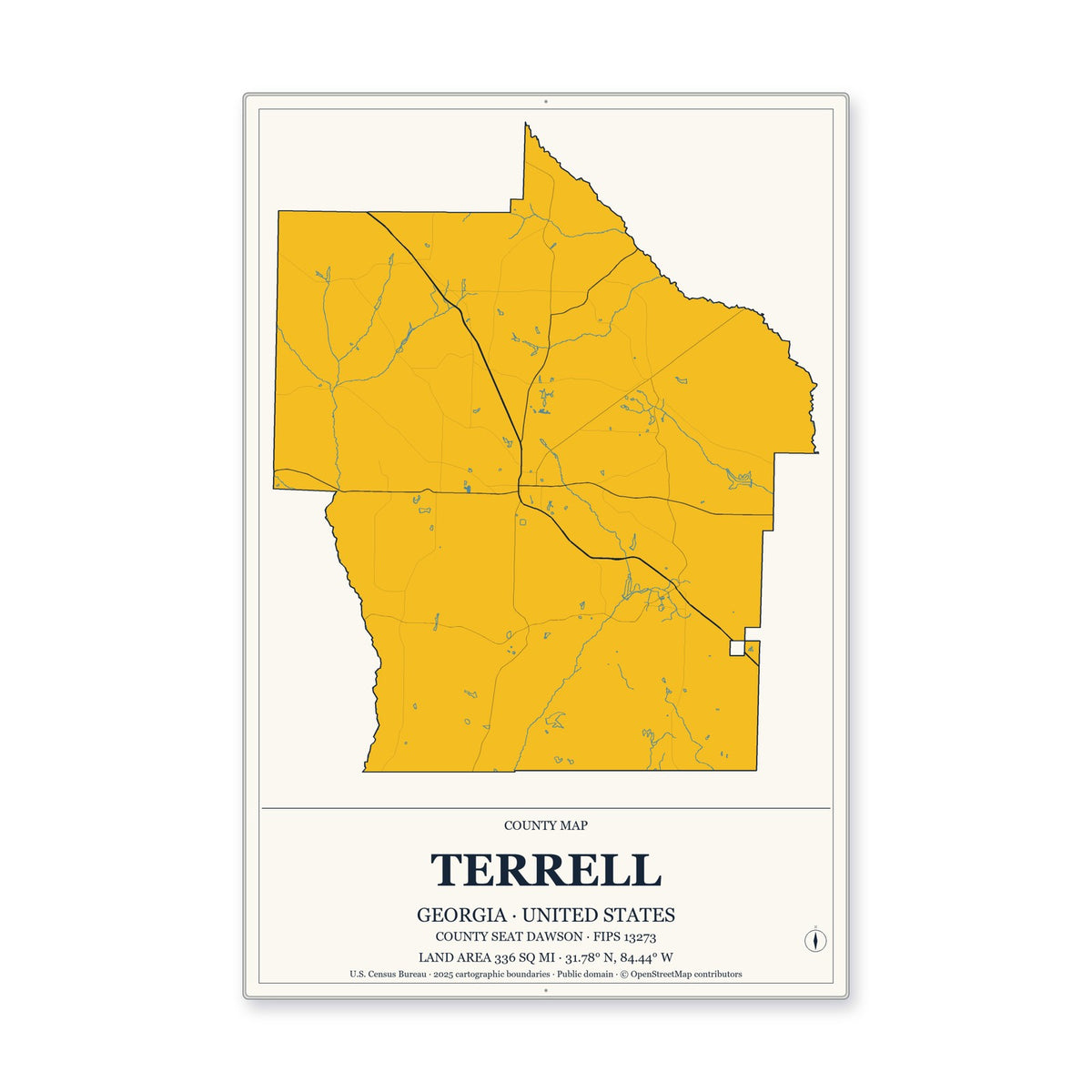 Terrell County, Georgia Map Aluminum Sign in Citrine Modern style