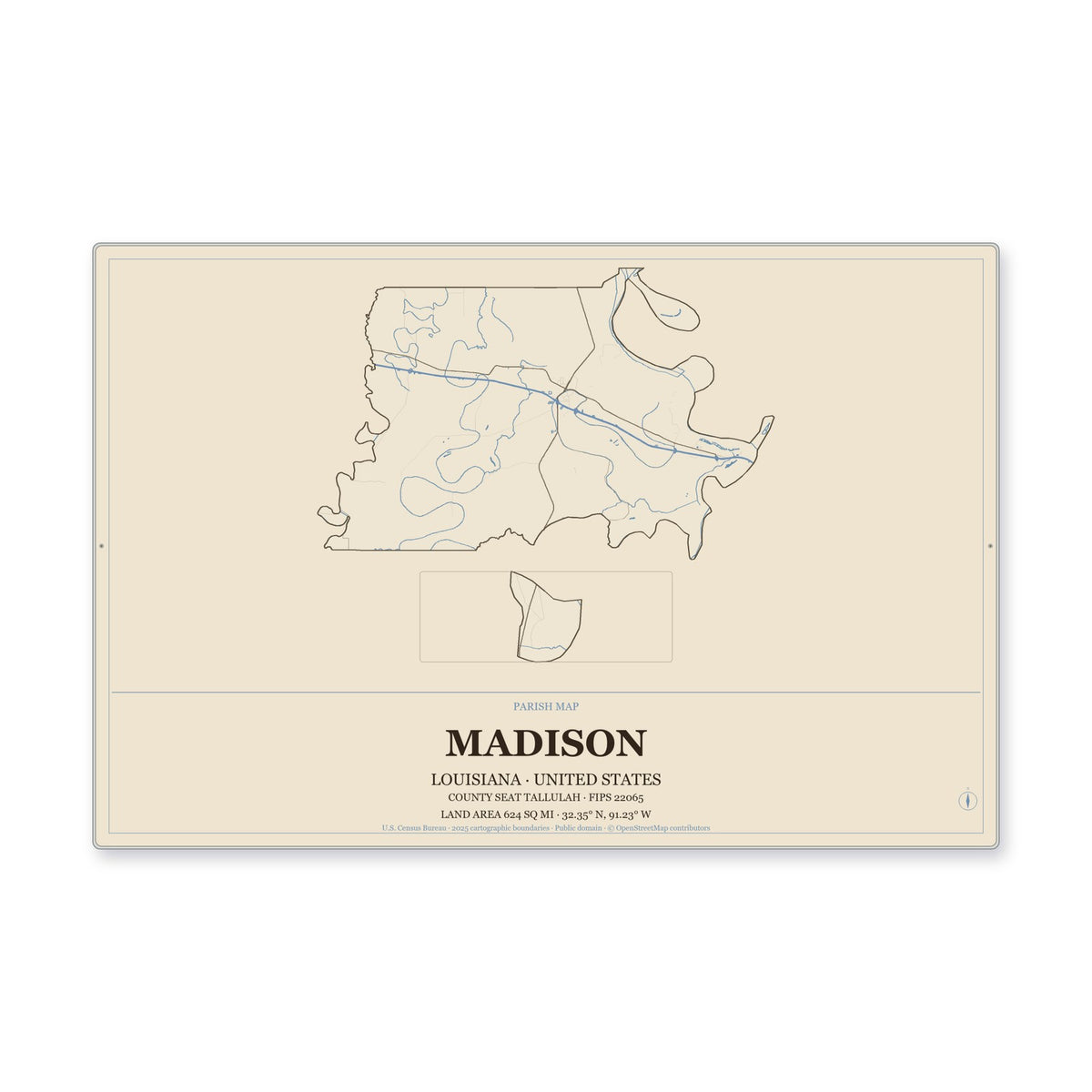 Madison Parish, Louisiana Map Aluminum Sign in Heritage Nautical style
