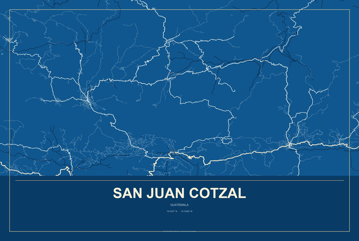 San Juan Cotzal, Guatemala City Map Aluminum Sign in Harbor Cobalt style