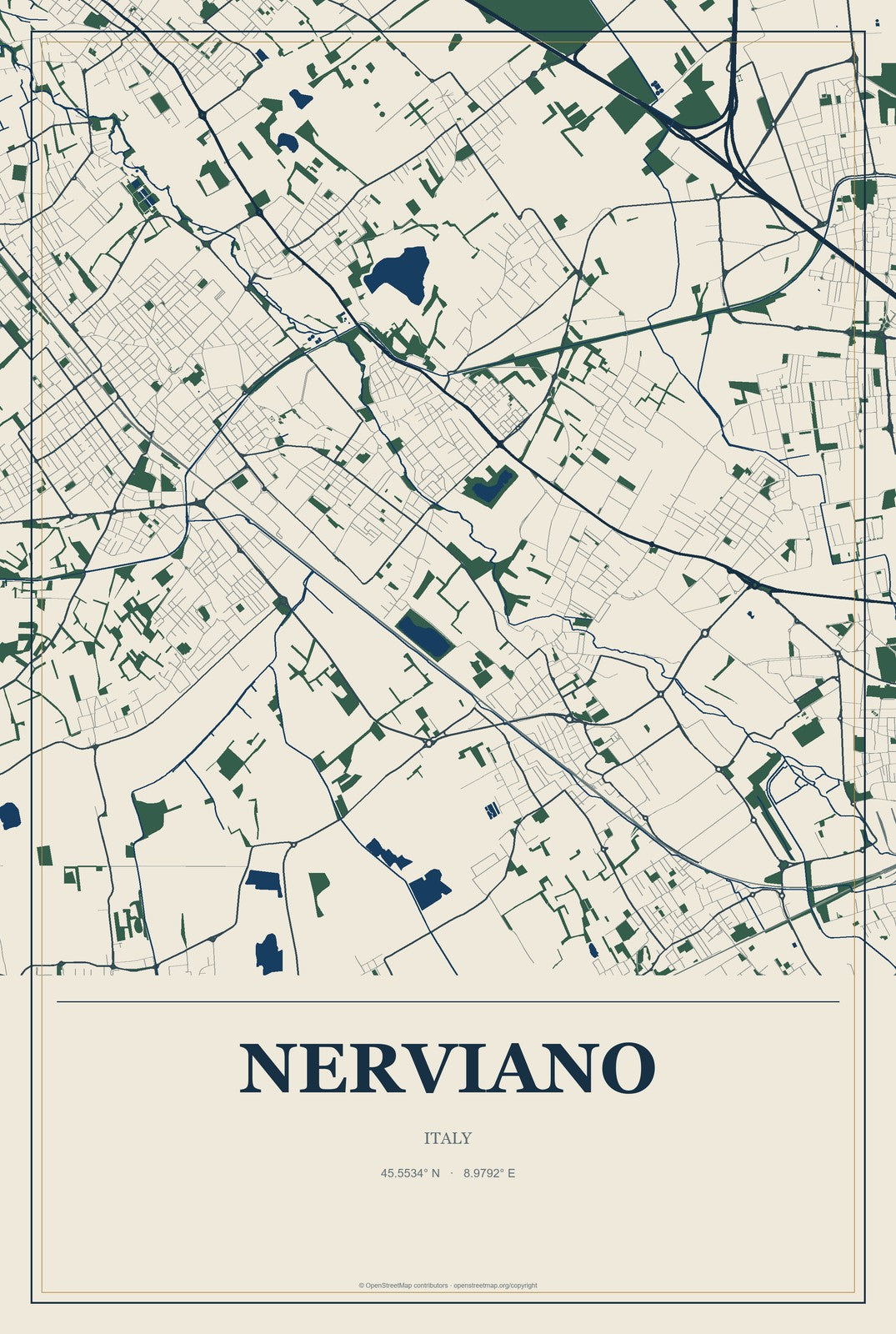Nerviano, Italy City Map Aluminum Sign in Coastal Cutout style