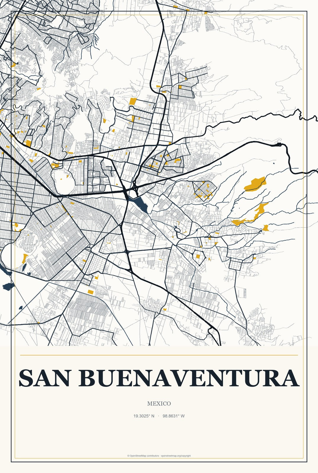 San Buenaventura, México, Mexico City Map Aluminum Sign in Citrine Modern style