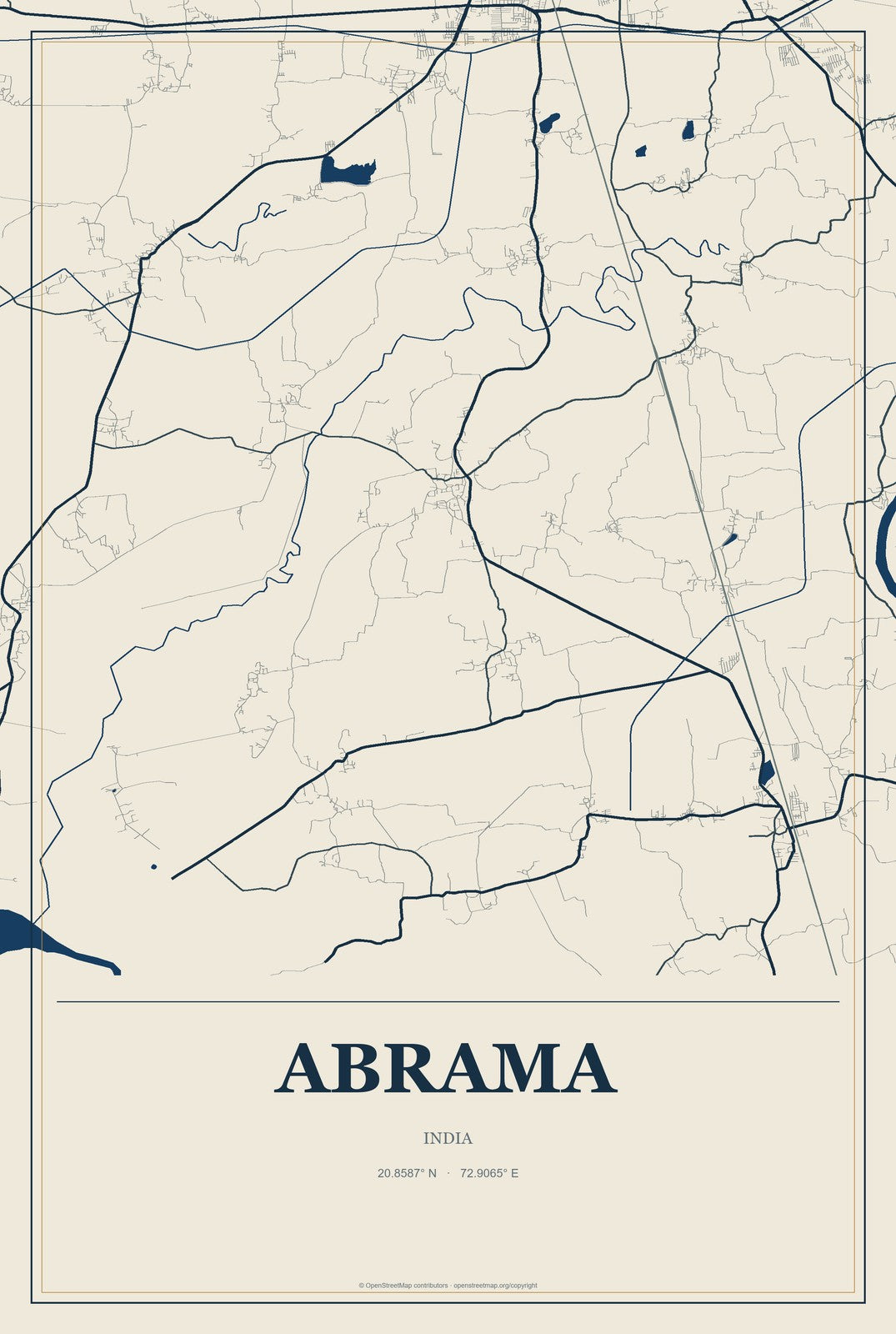 Abrama, India City Map Aluminum Sign in Coastal Cutout style