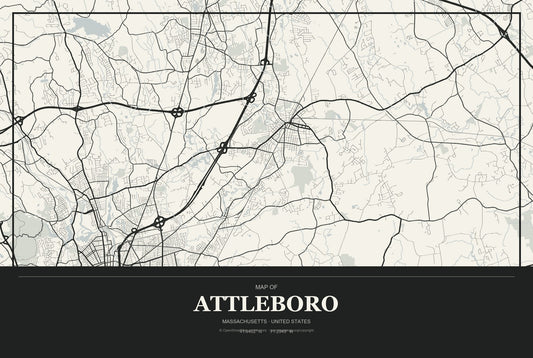 Attleboro, Massachusetts City Map Aluminum Sign in Museum Plaque style