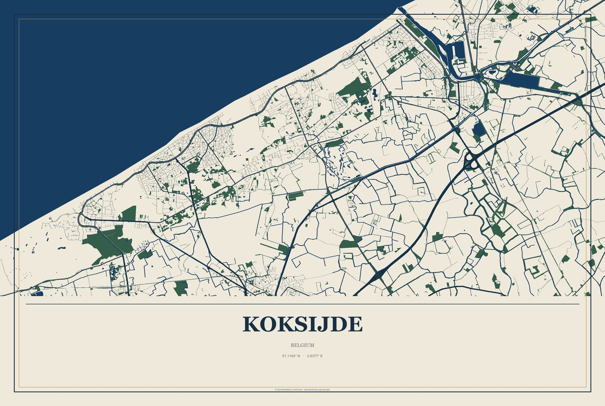 Koksijde, Belgium City Map Aluminum Sign in Coastal Cutout style