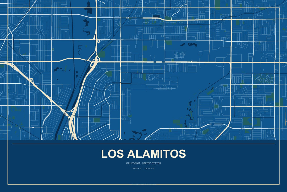 Los Alamitos, California City Map Aluminum Sign in Harbor Cobalt style
