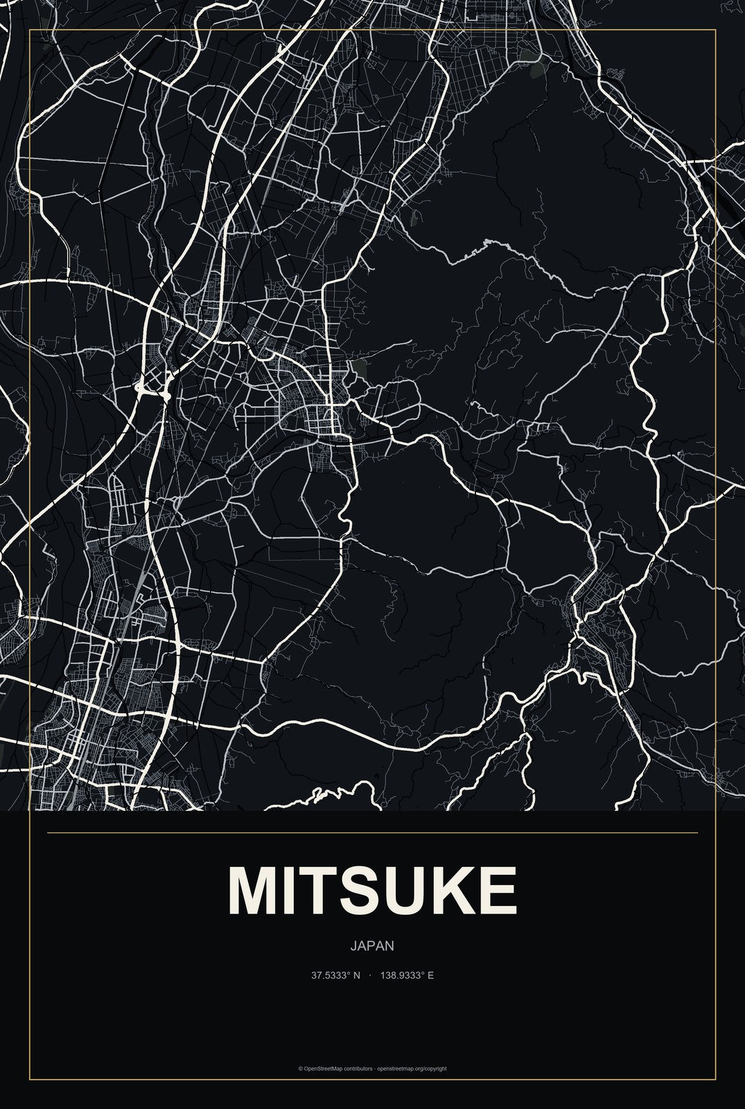 Mitsuke, Japan City Map Aluminum Sign in Metropolitan Noir style