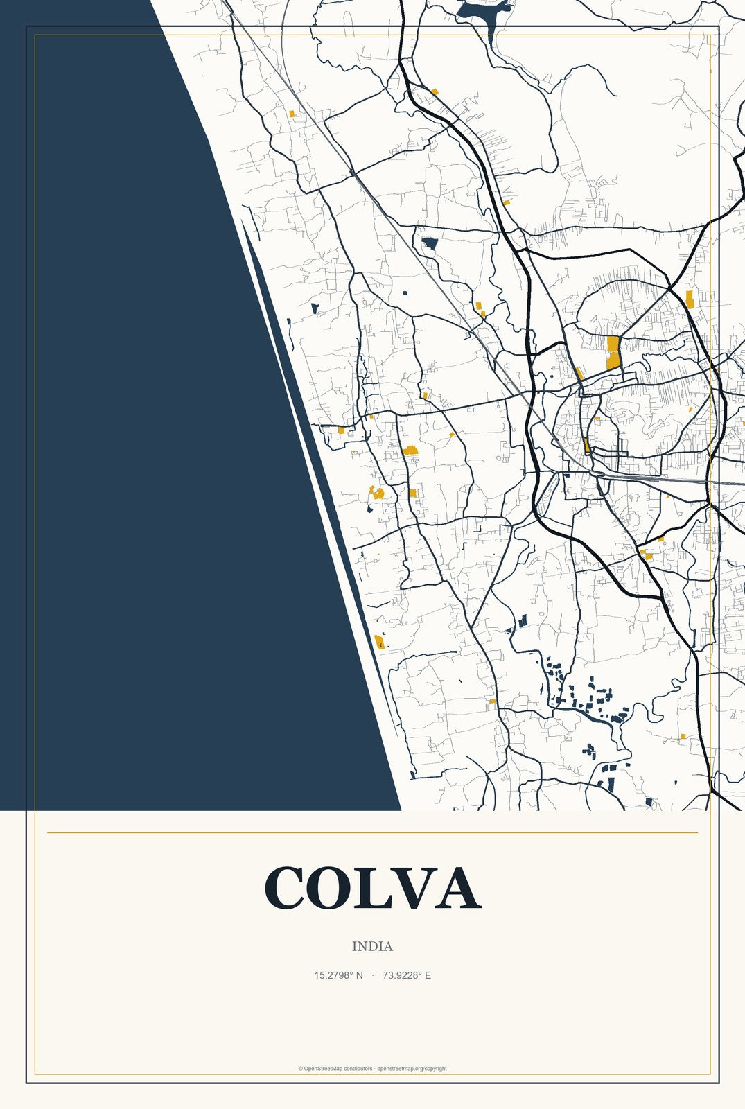 Colva, India City Map Aluminum Sign in Citrine Modern style