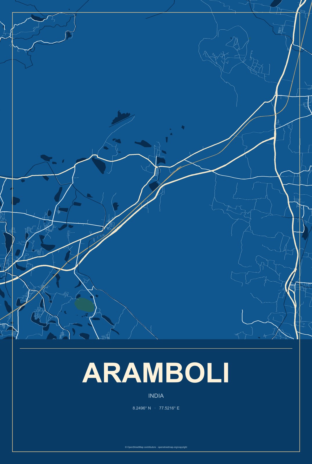 Aramboli, India City Map Aluminum Sign in Harbor Cobalt style