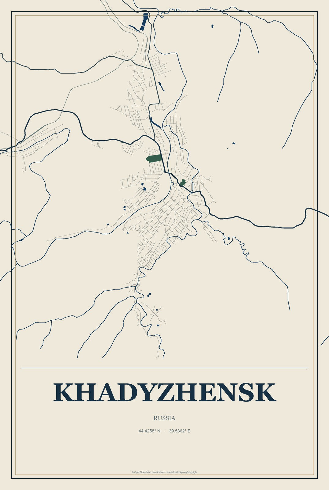 Khadyzhensk, Russia City Map Aluminum Sign in Coastal Cutout style