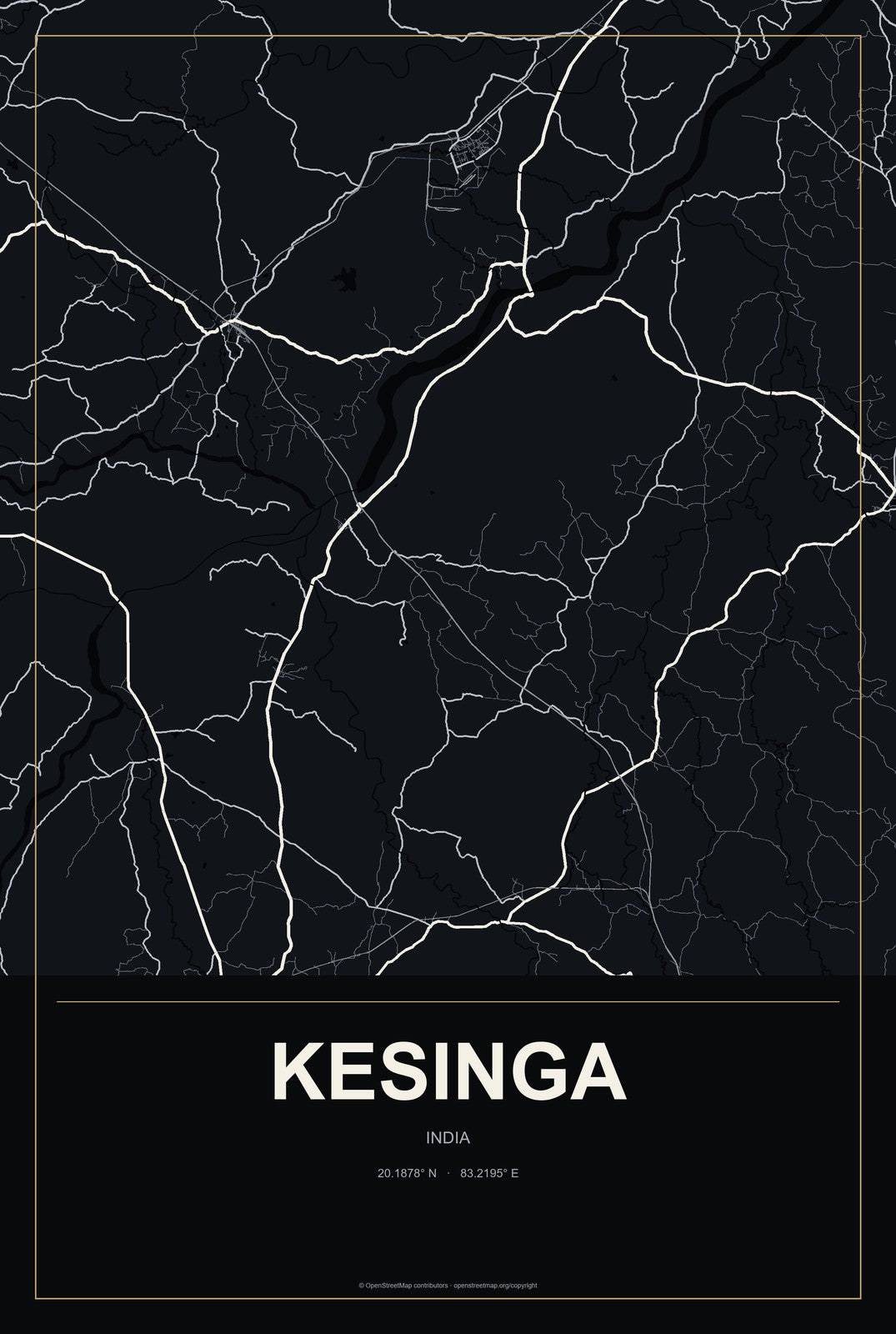 Kesinga, India City Map Aluminum Sign in Metropolitan Noir style
