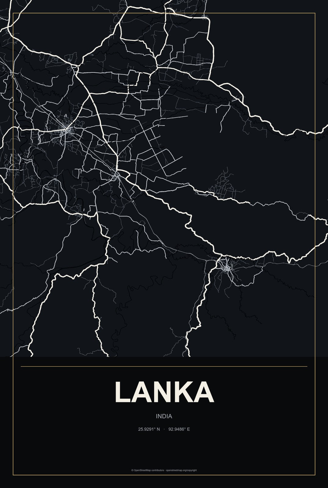 Lanka, India City Map Aluminum Sign in Metropolitan Noir style