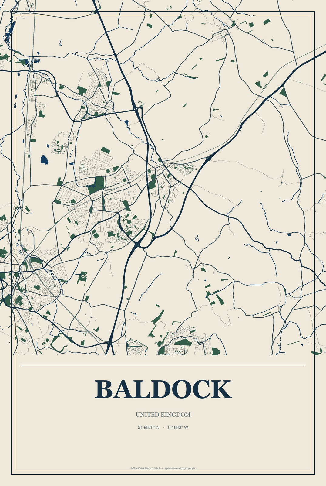 Baldock, United Kingdom City Map Aluminum Sign in Coastal Cutout style