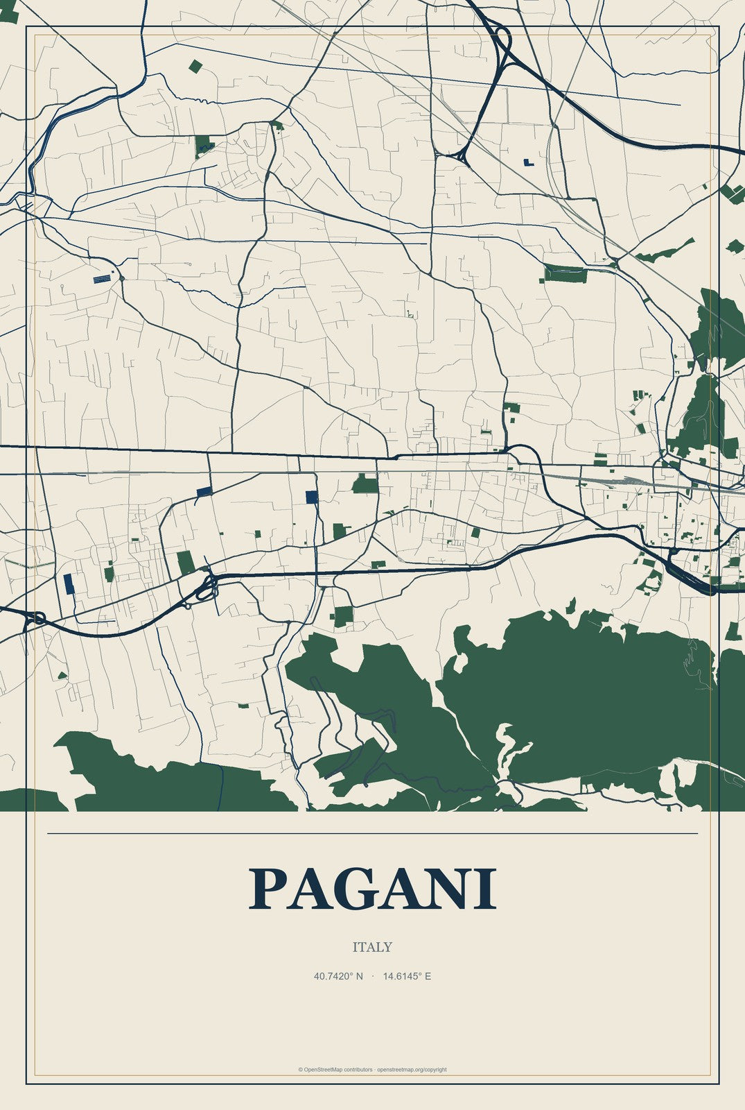 Pagani, Italy City Map Aluminum Sign in Coastal Cutout style