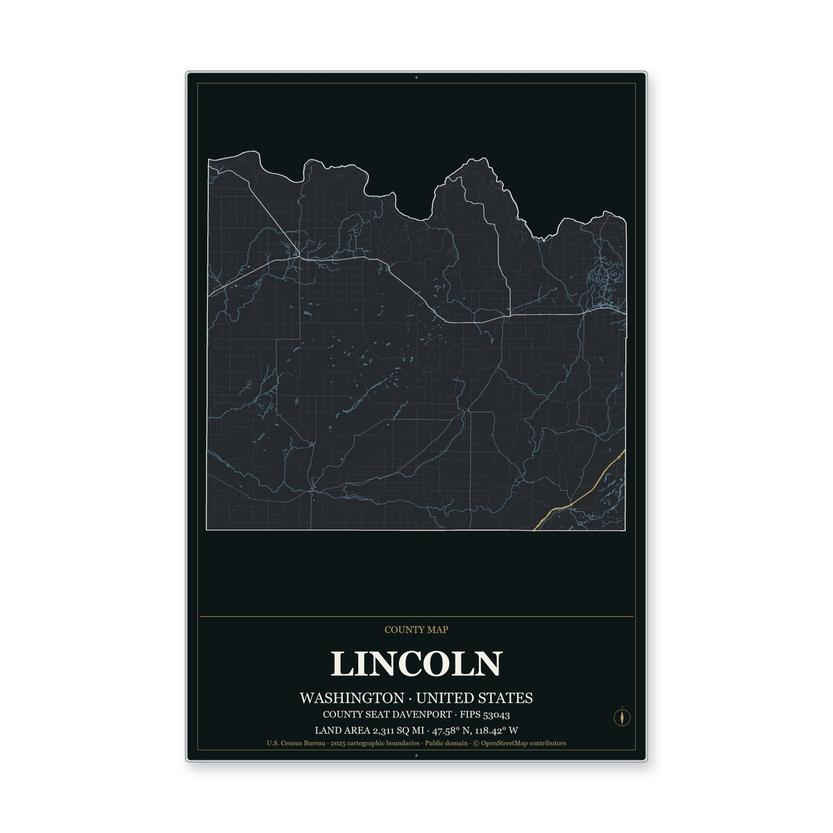 Lincoln County, Washington Map Aluminum Sign in Metropolitan Noir style