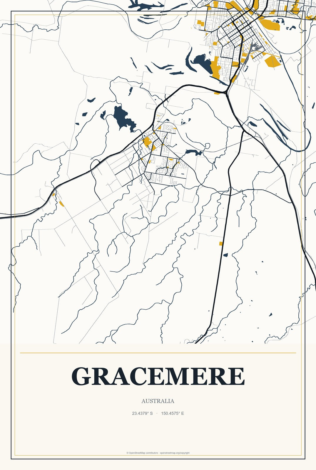 Gracemere, Australia City Map Aluminum Sign in Citrine Modern style