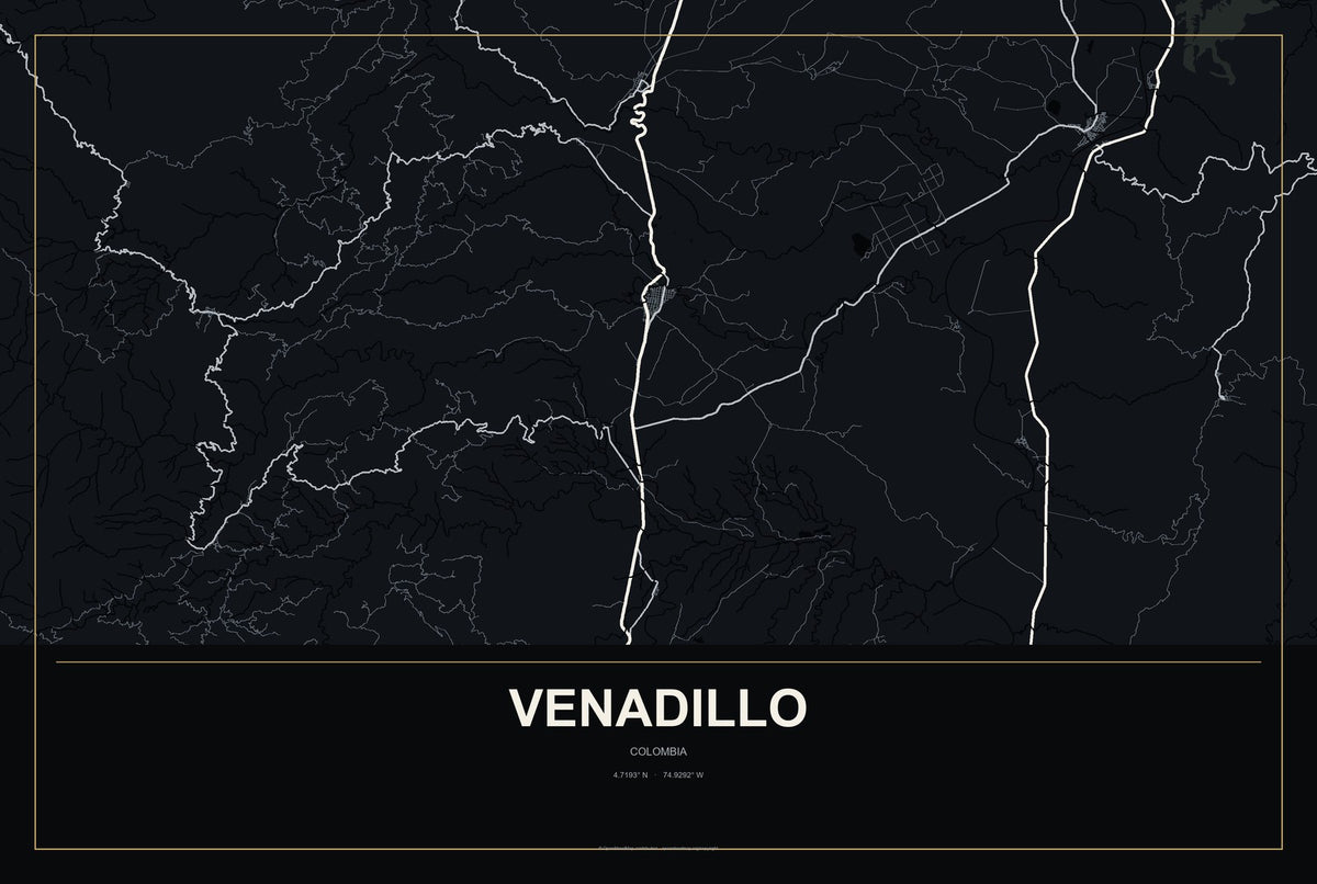Venadillo, Colombia City Map Aluminum Sign in Metropolitan Noir style