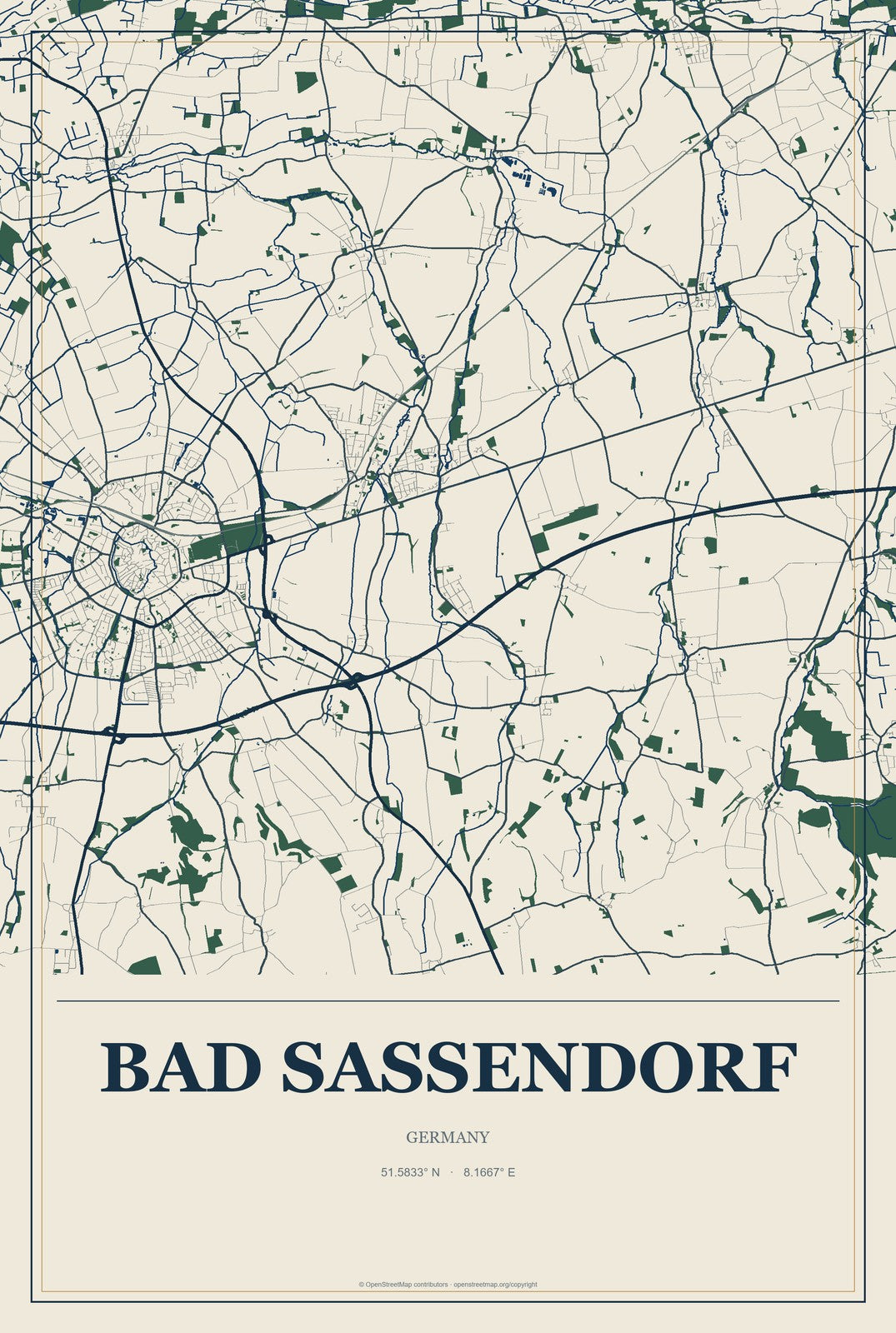 Bad Sassendorf, Germany City Map Aluminum Sign in Coastal Cutout style