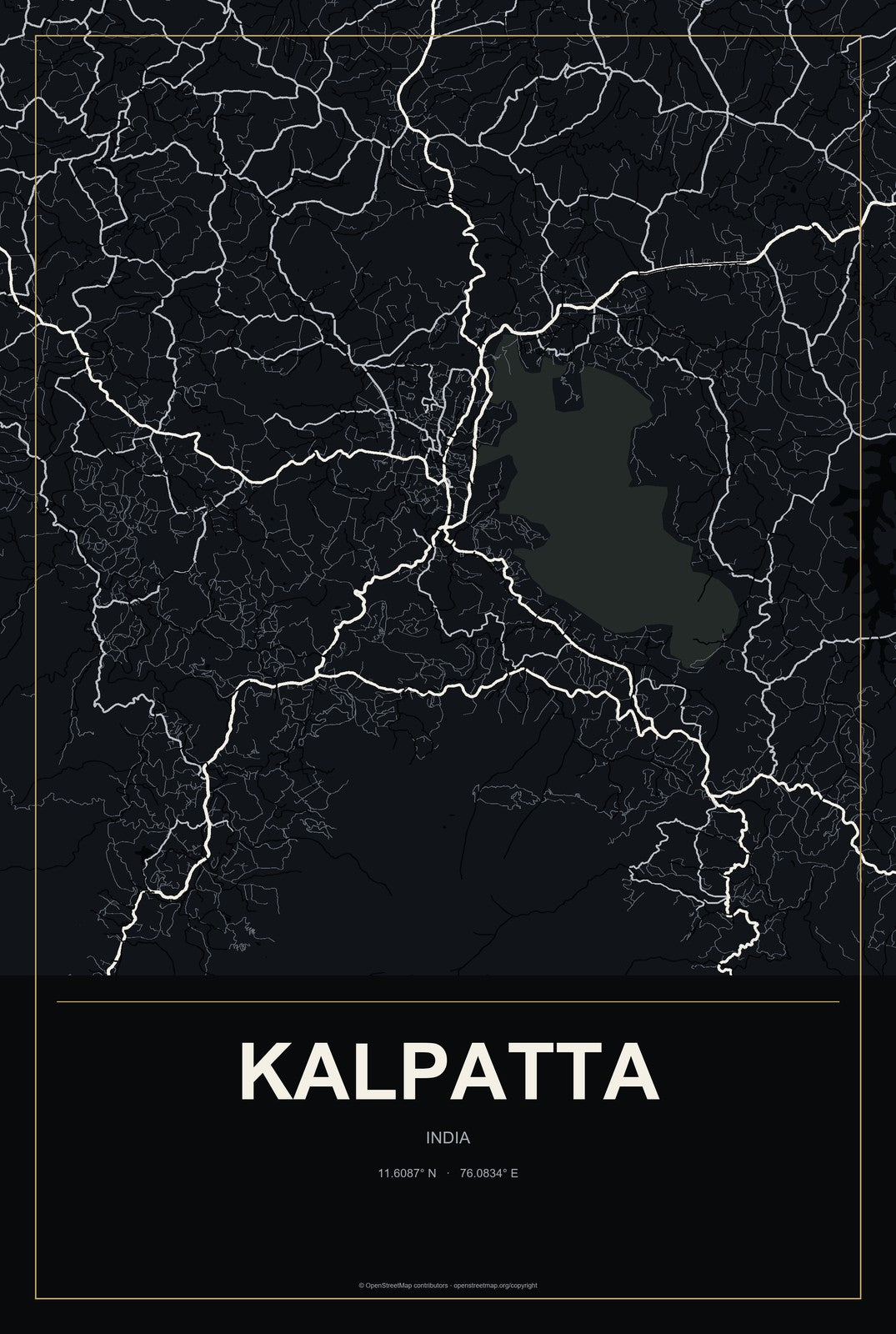 Kalpatta, India City Map Aluminum Sign in Metropolitan Noir style