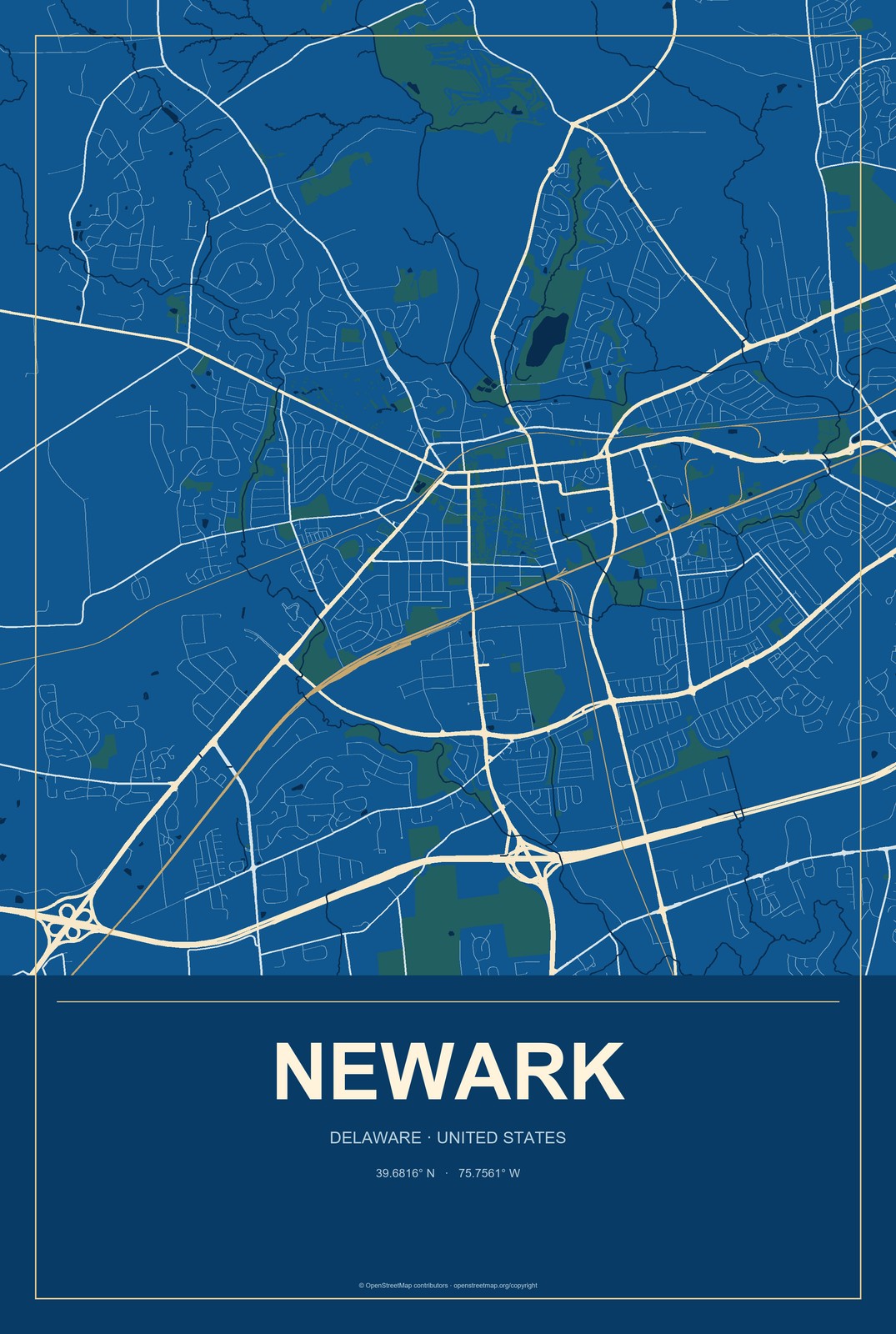 Newark, Delaware City Map Aluminum Sign in Harbor Cobalt style