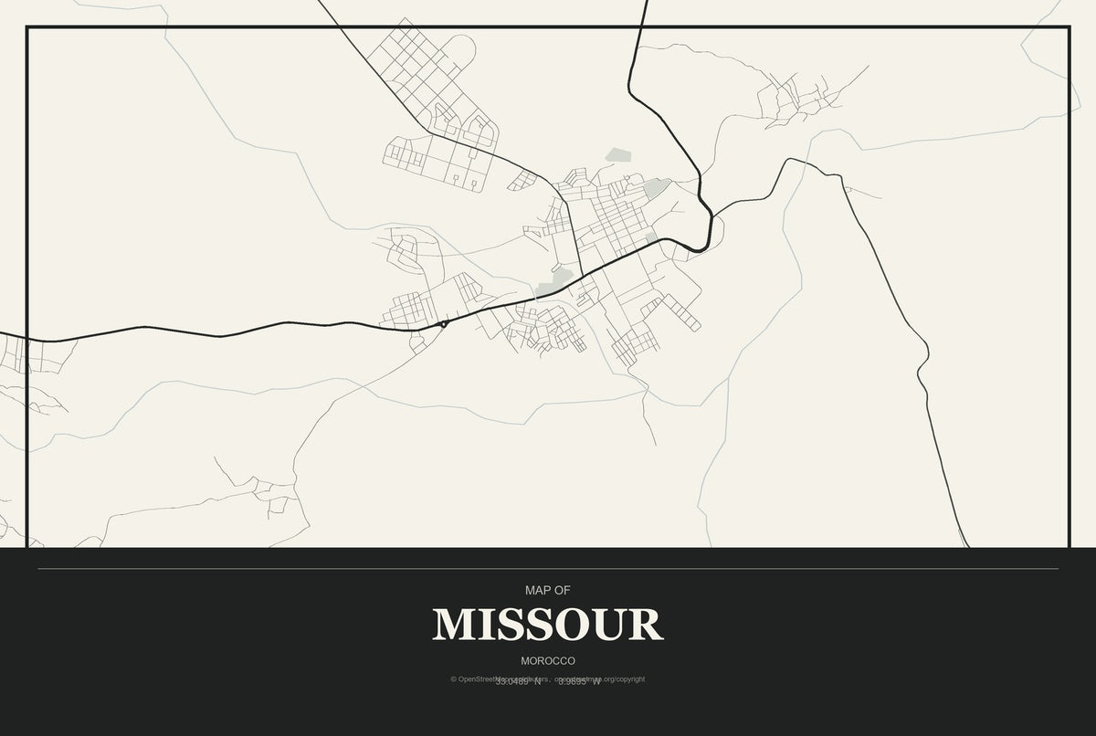 Missour, Morocco City Map Aluminum Sign in Museum Plaque style