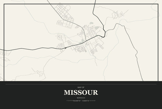 Missour, Morocco City Map Aluminum Sign in Museum Plaque style