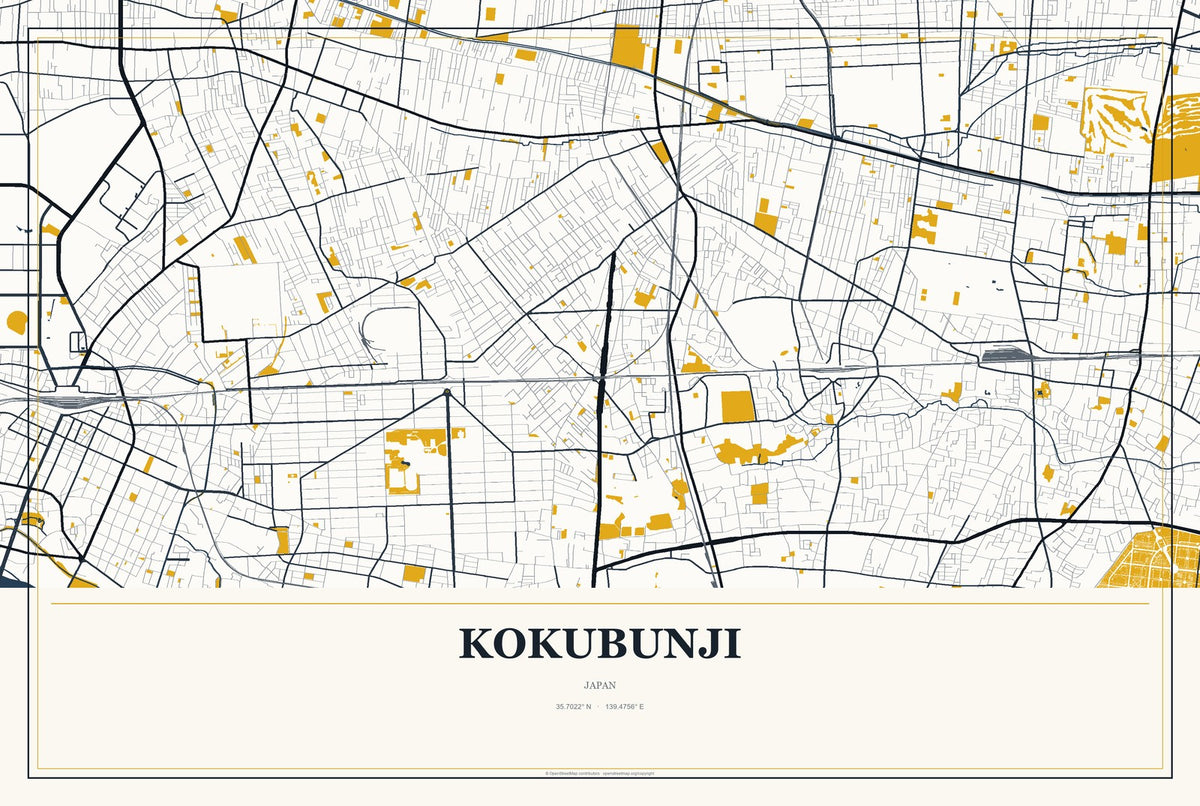 Kokubunji, Japan City Map Aluminum Sign in Citrine Modern style