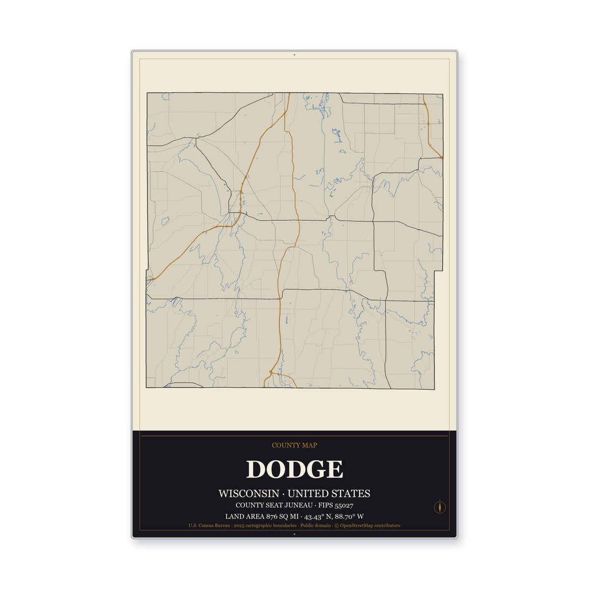 Dodge County, Wisconsin Map Aluminum Sign in Museum Plaque style