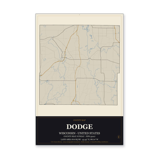 Dodge County, Wisconsin Map Aluminum Sign in Museum Plaque style