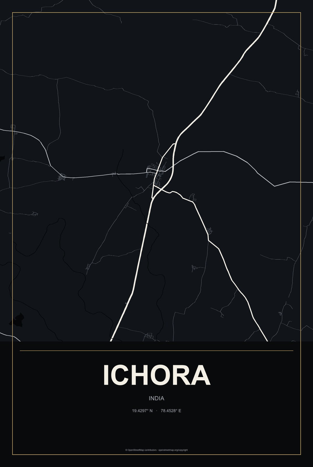Ichora, India City Map Aluminum Sign in Metropolitan Noir style