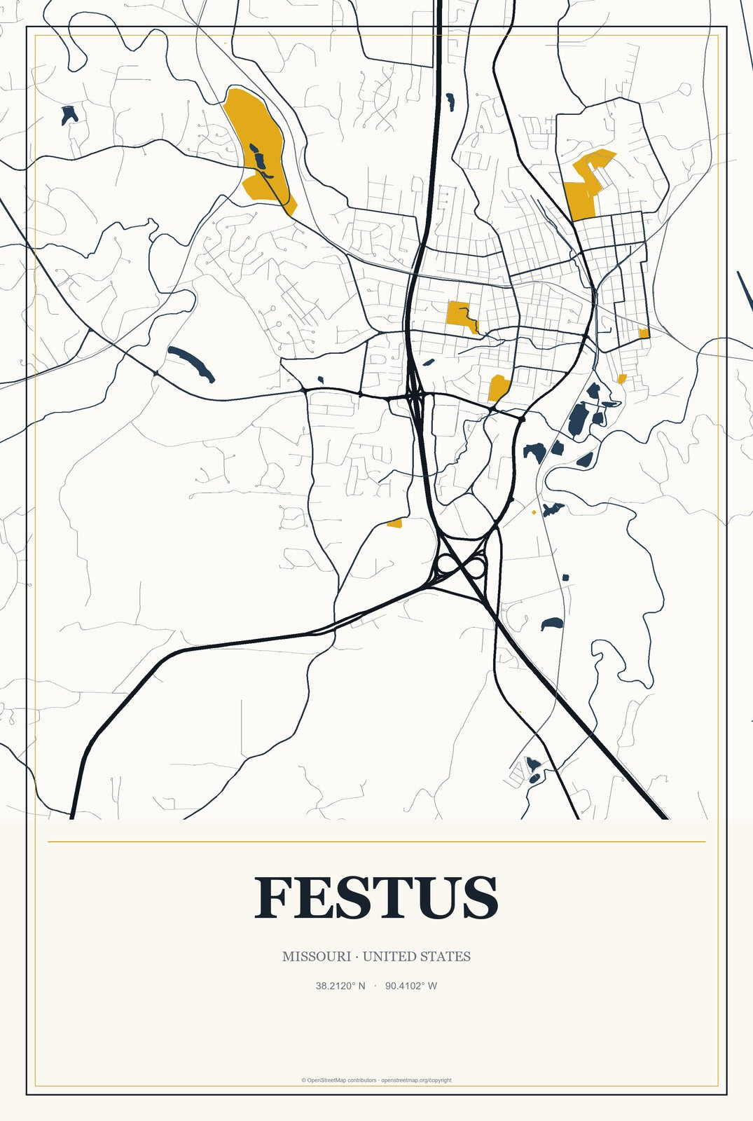 Festus, Missouri City Map Aluminum Sign in Citrine Modern style