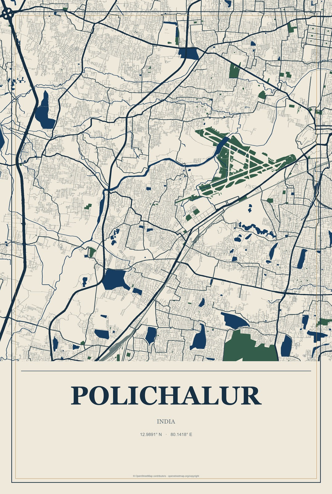 Polichalur, India City Map Aluminum Sign in Coastal Cutout style
