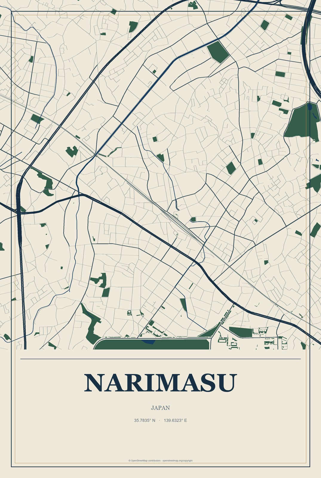 Narimasu, Japan City Map Aluminum Sign in Coastal Cutout style