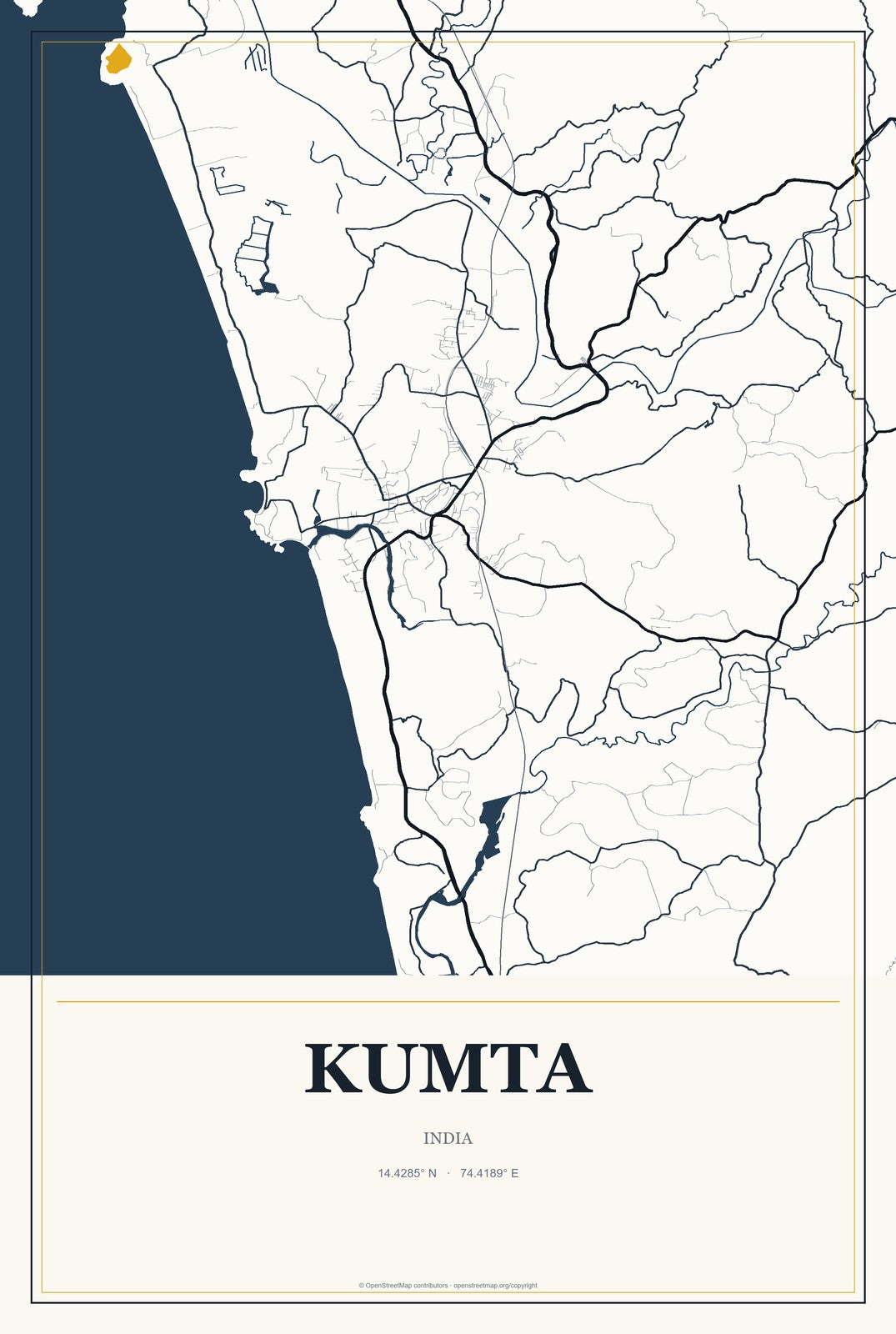 Kumta, India City Map Aluminum Sign in Citrine Modern style