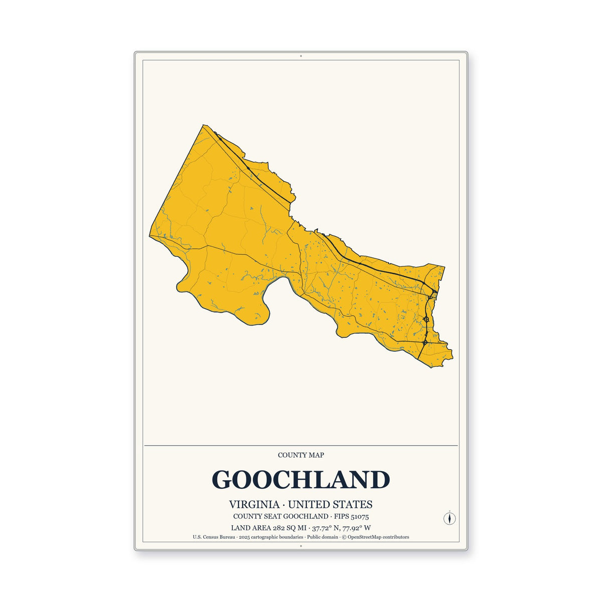 Goochland County, Virginia Map Aluminum Sign in Citrine Modern style