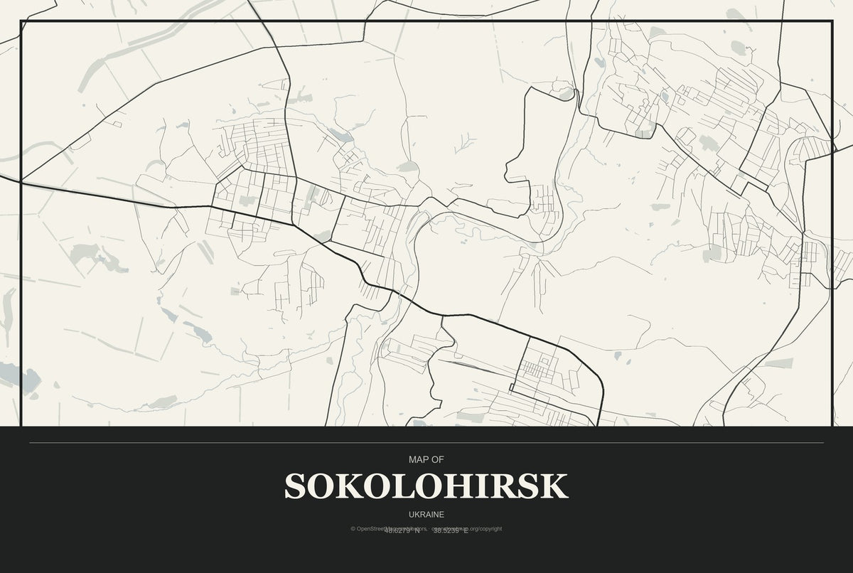 Sokolohirsk, Ukraine City Map Aluminum Sign in Museum Plaque style