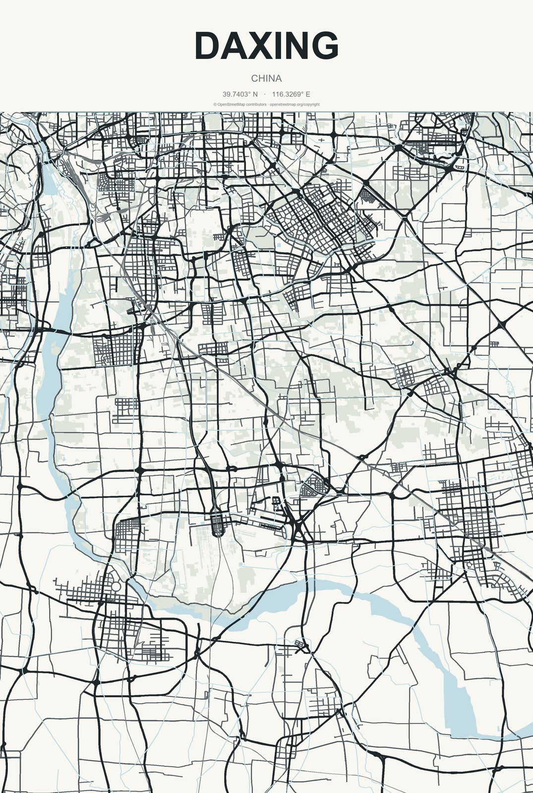 Daxing, Beijing, China City Map Aluminum Sign in Headline Atlas style