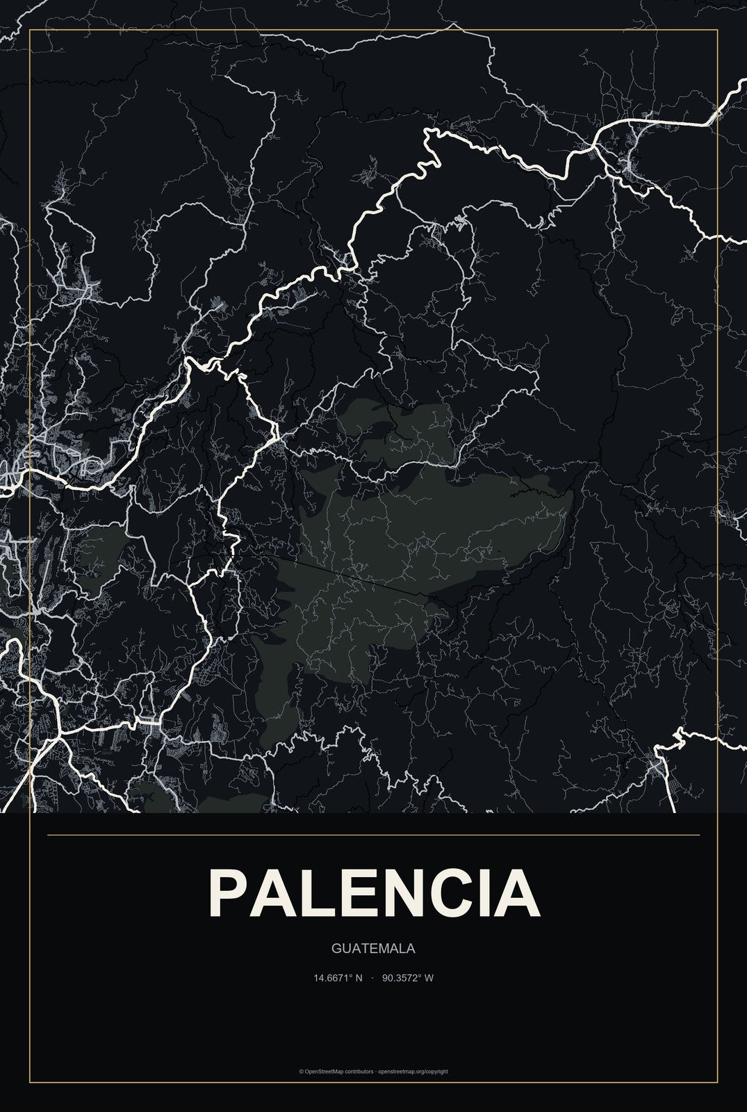 Palencia, Guatemala City Map Aluminum Sign in Metropolitan Noir style