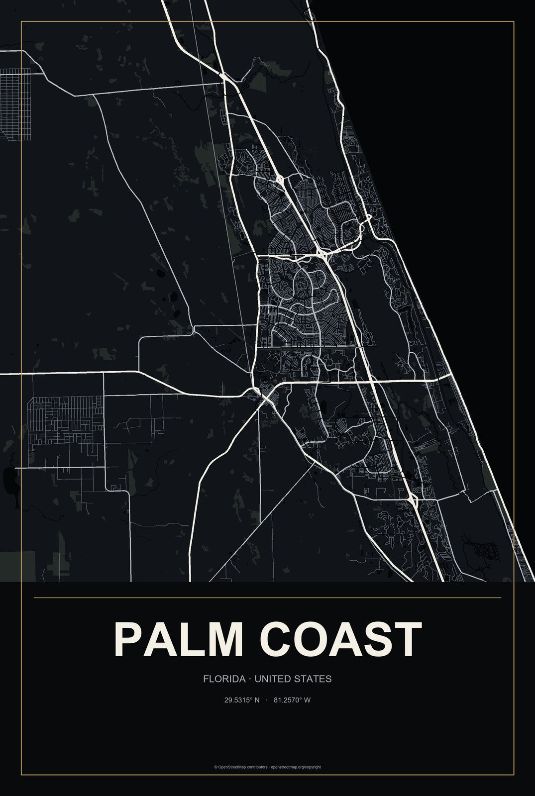 Palm Coast, Florida City Map Aluminum Sign in Metropolitan Noir style