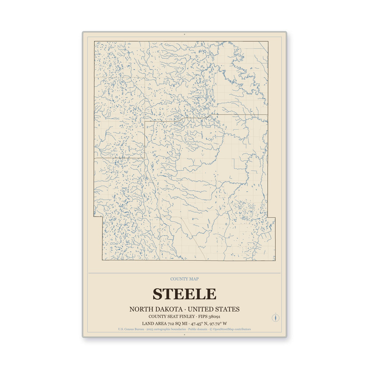 Steele County, North Dakota Map Aluminum Sign in Heritage Nautical style