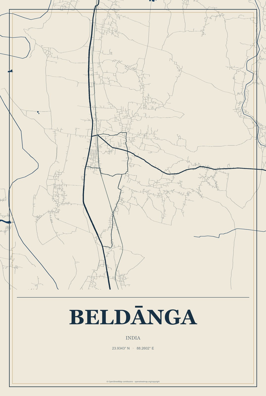 Beldānga, India City Map Aluminum Sign in Coastal Cutout style