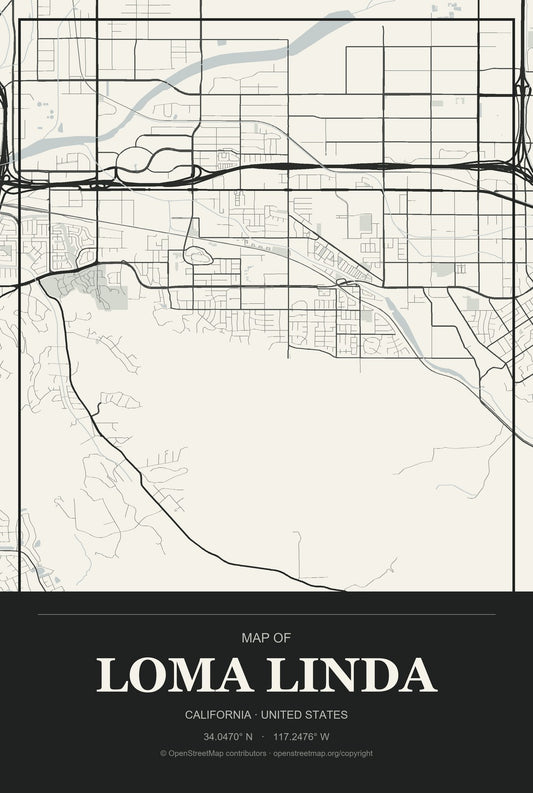 Loma Linda, California City Map Aluminum Sign in Museum Plaque style