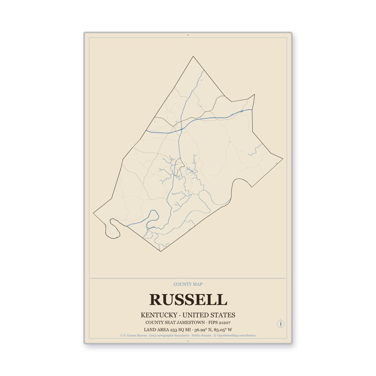 Russell County, Kentucky Map Aluminum Sign in Heritage Nautical style