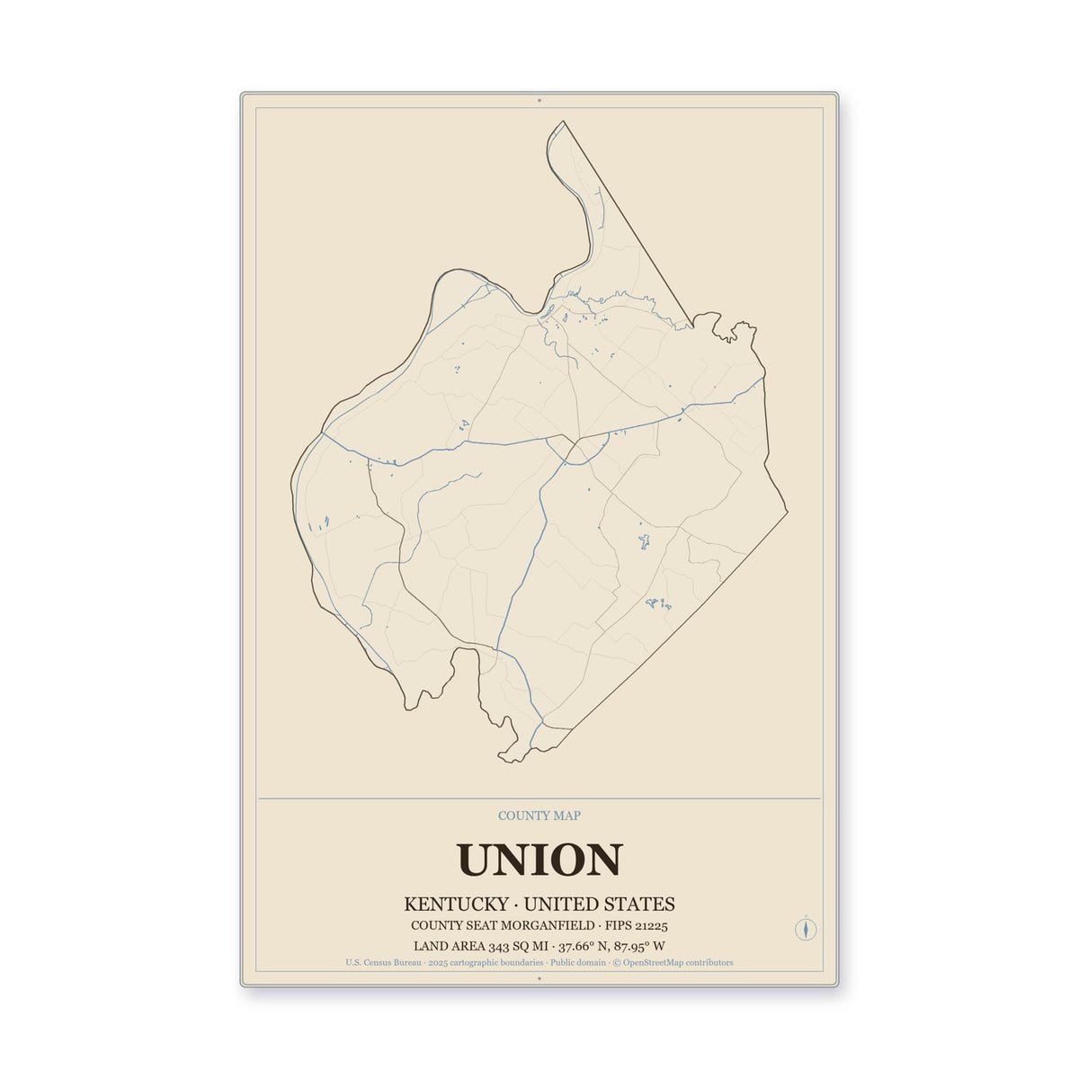 Union County, Kentucky Map Aluminum Sign in Heritage Nautical style